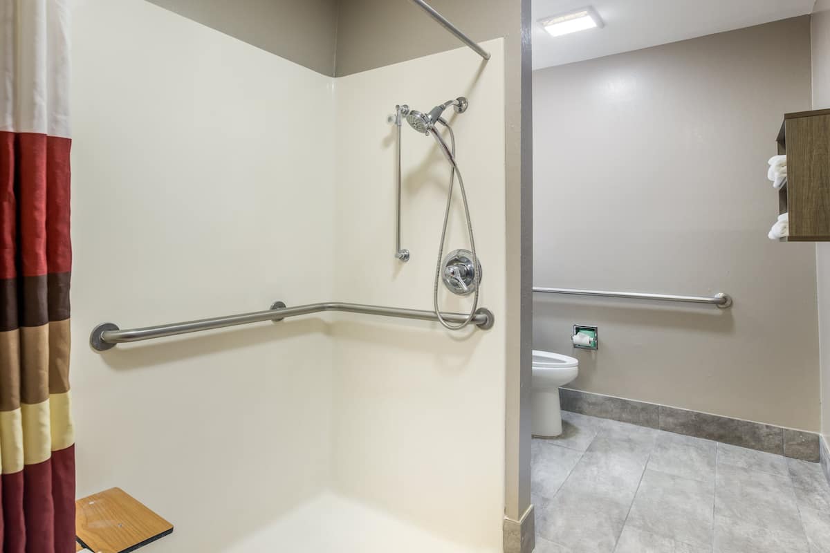Un baño con ducha, inodoro y barras de apoyo.