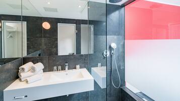 A modern bathroom with a glass shower enclosure, a white sink, and a large mirror.