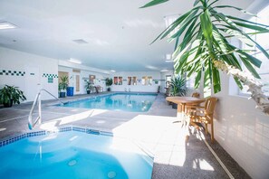 Una piscina interior con trampolín, rodeada de plantas en macetas y un área de descanso.