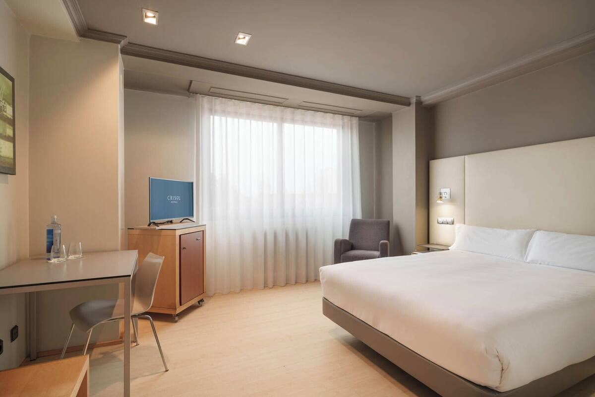 A hotel room with a bed, a desk, a chair, a TV, and a window with curtains.