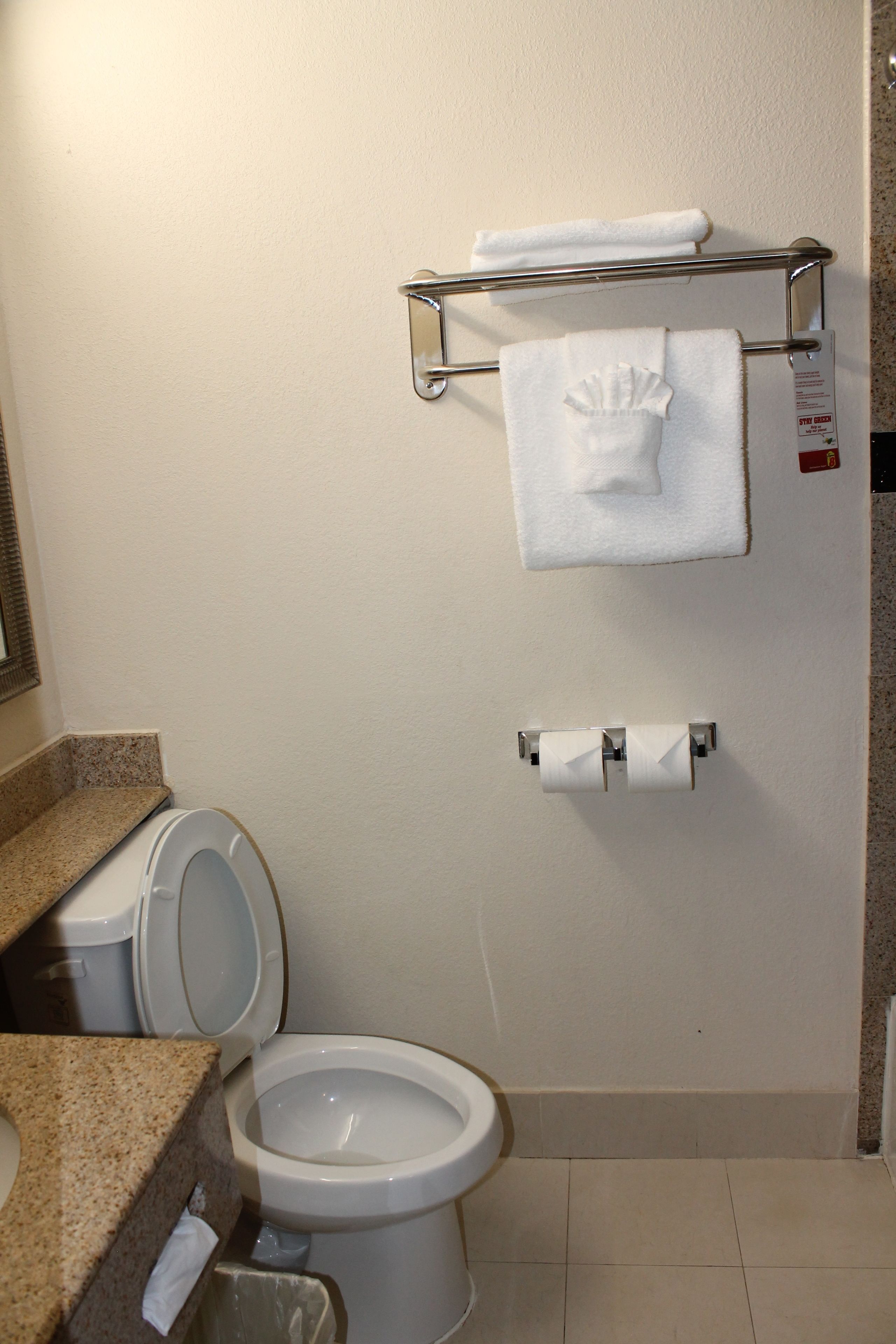 A bathroom with a toilet, a towel rack with two towels, and a toilet paper holder.