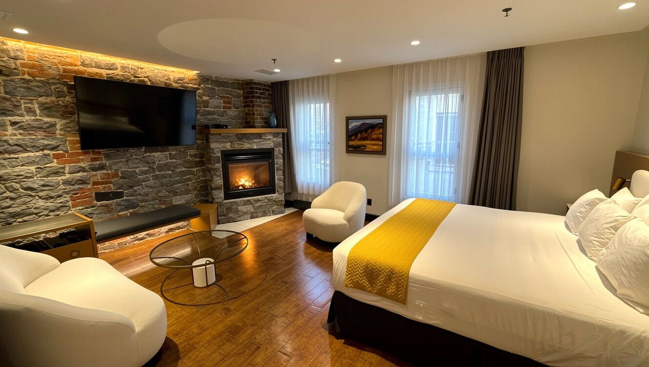 Habitación Deluxe, 1 cama King size, chimenea | Ropa de cama de alta calidad y camas con pillow-top 