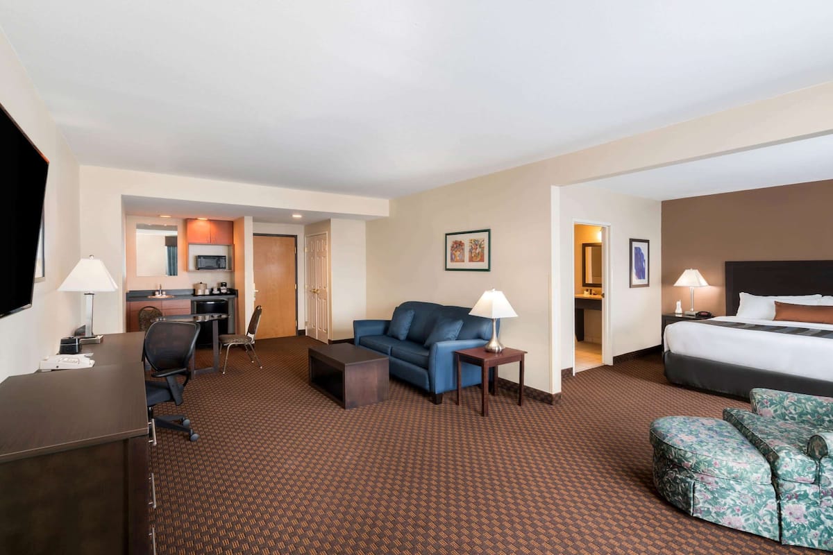 A hotel room with a bed, a sofa, a desk, a chair, a small table, and a kitchenette area.
