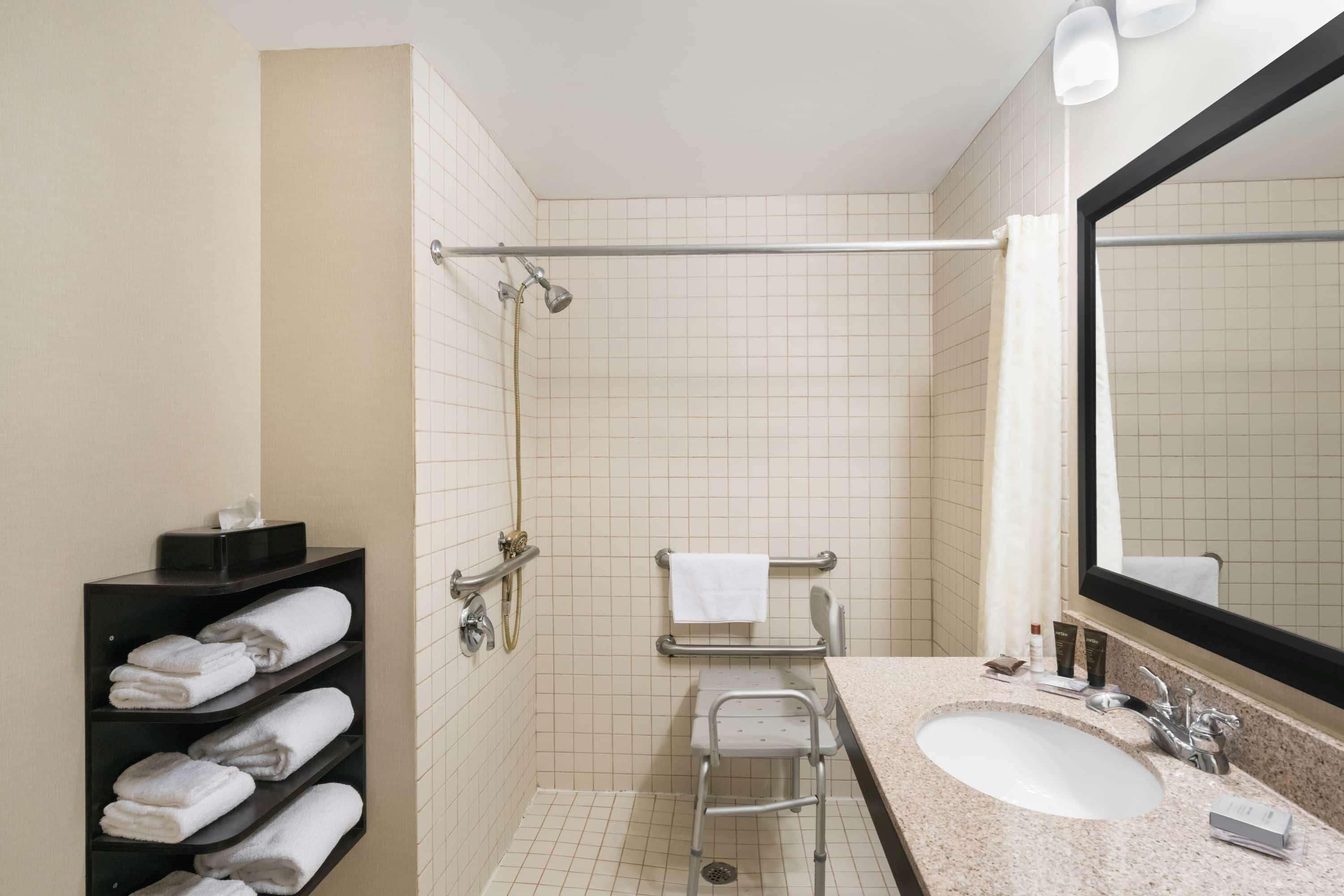 combined shower/bathtub, free toiletries, hair dryer, towels