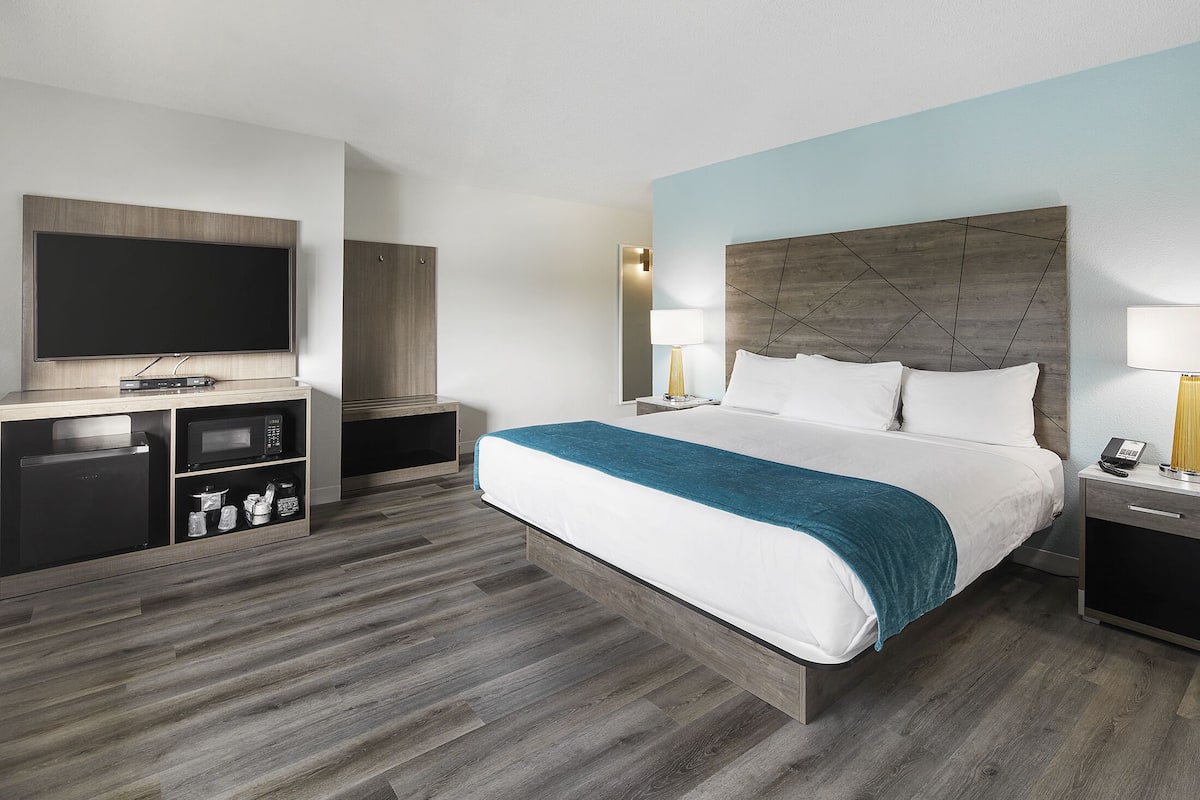 A hotel room with a large bed, a TV, a minibar, and a desk with a lamp.