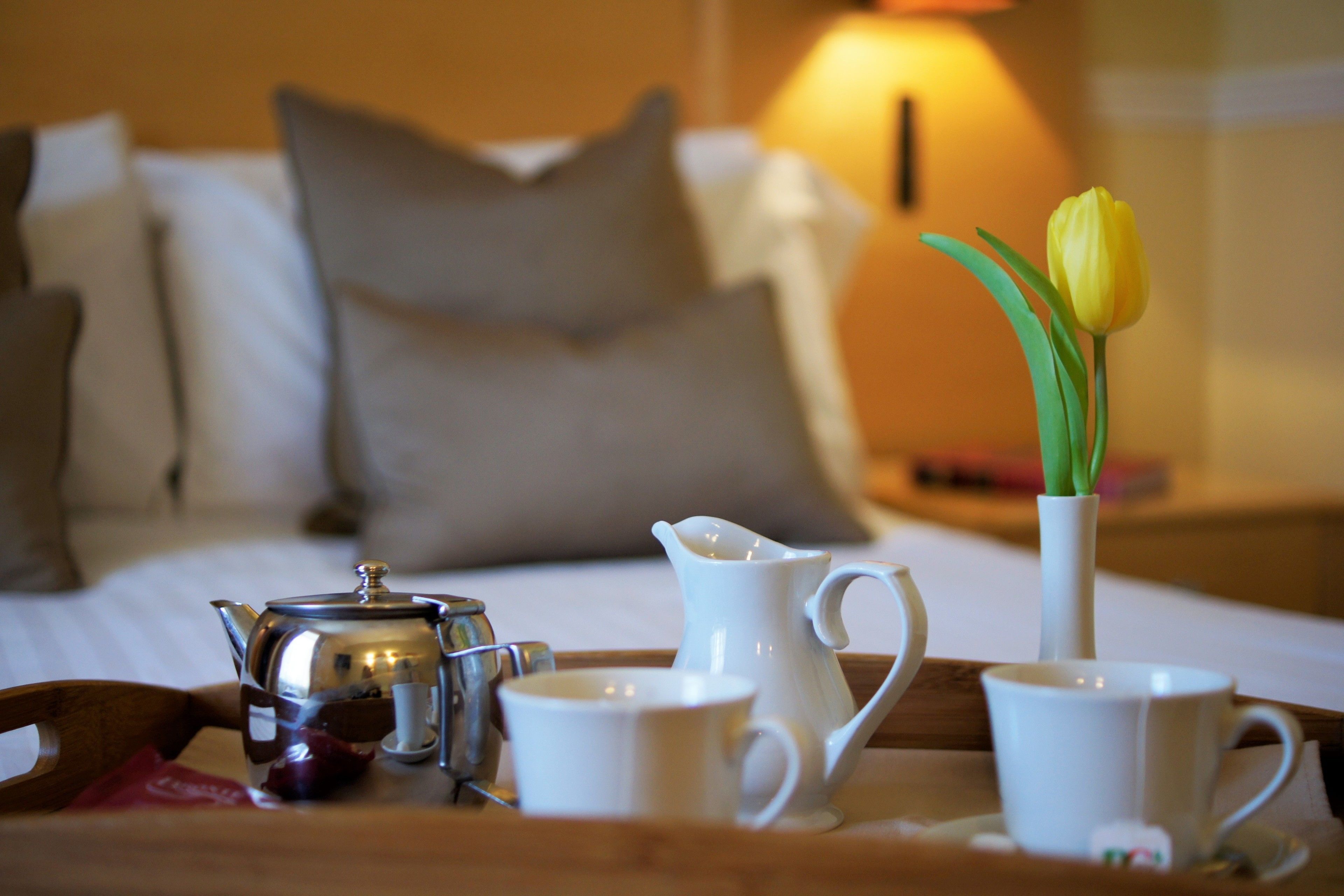 Un plateau sur lequel sont disposés une théière, un pichet et deux tasses, accompagné d’un vase de tulipes, le tout placé sur une table de chevet avec des oreillers et une lampe.