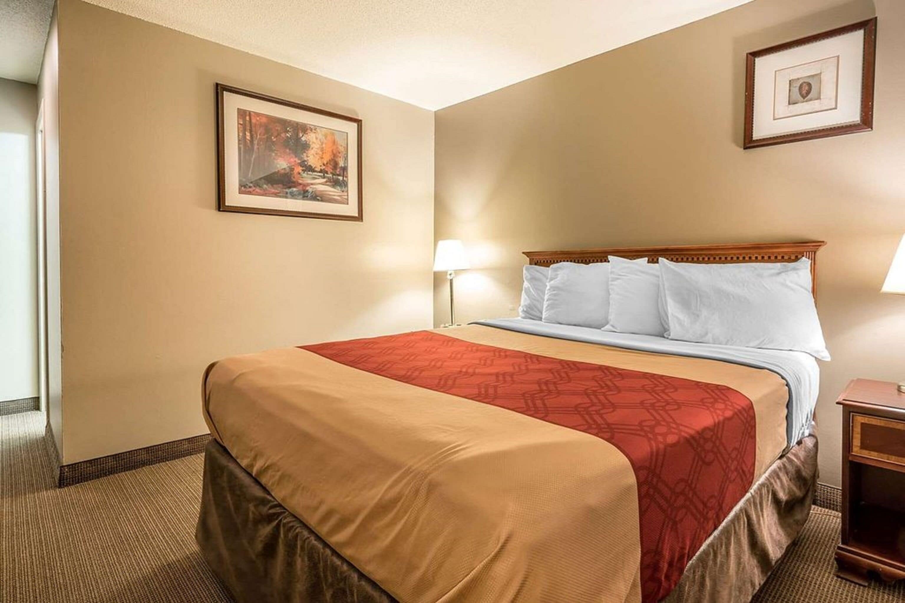 A hotel room with a large bed, a nightstand, a lamp, and two framed pictures on the walls.