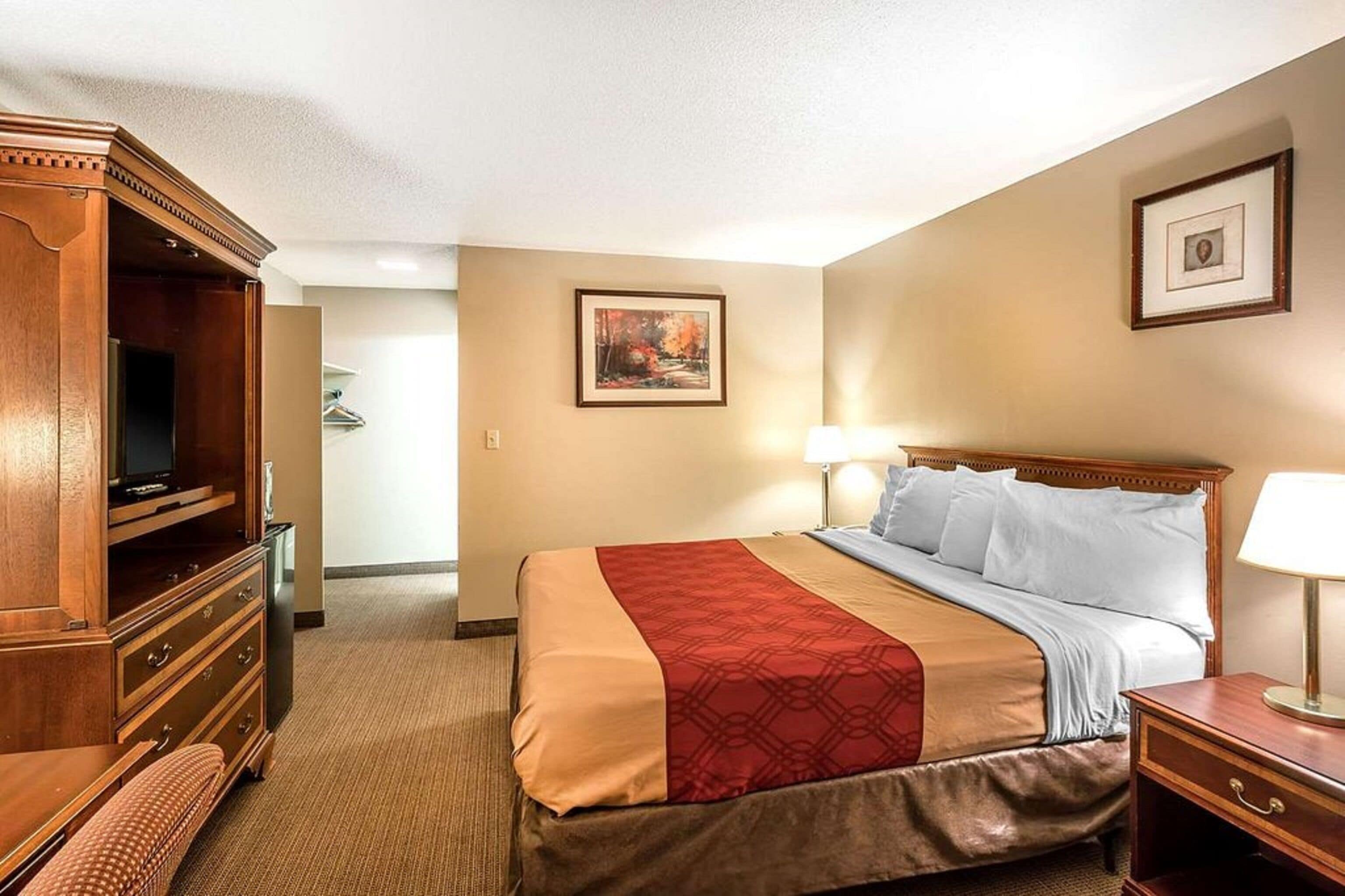 A hotel room with a large bed, a wooden dresser, a television, and a framed picture on the wall.