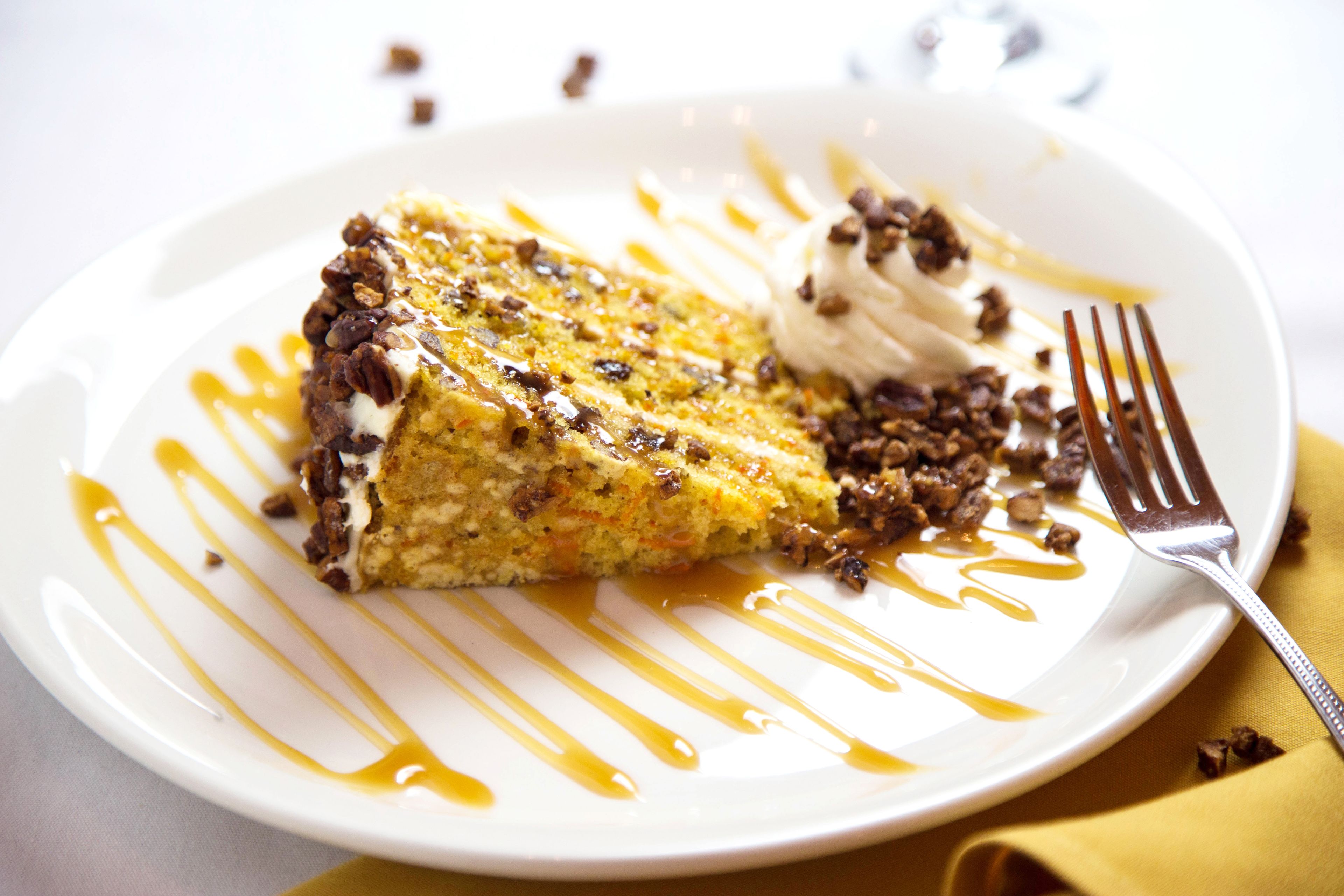 Una rebanada de pastel con chispas de chocolate y salsa de caramelo sobre un plato blanco.