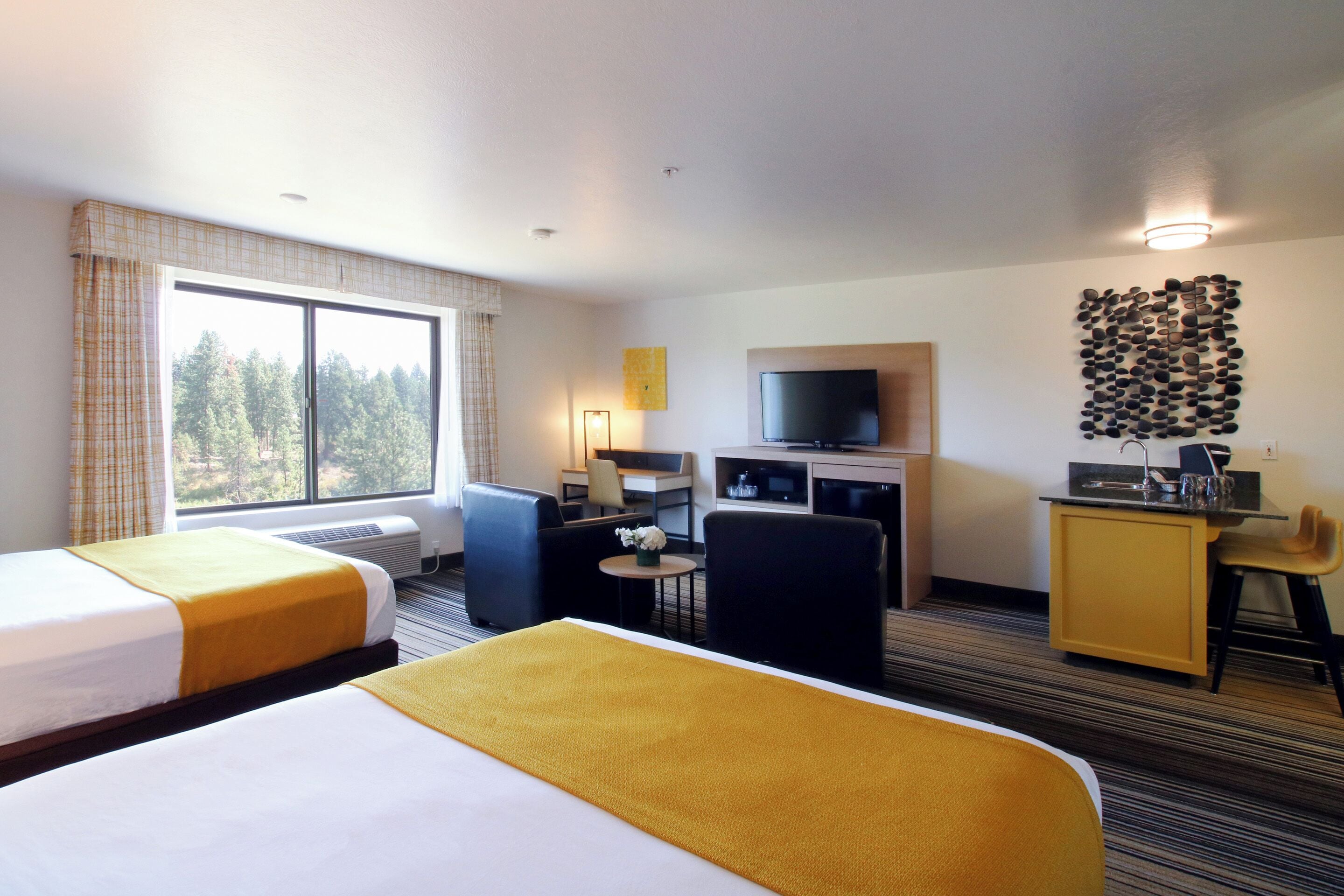 Habitación de hotel con dos camas, un escritorio, televisión y vistas a árboles desde la ventana.