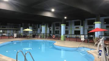 Indoor pool, pool umbrellas, pool loungers