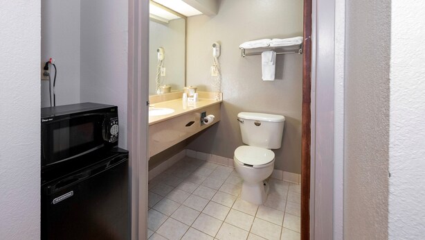 A bathroom with a toilet, sink, and a hairdryer on the counter. - Red Roof Inn Atlanta Southeast - Stockbridge (Stockbridge)
