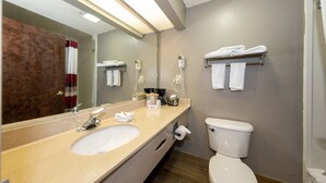 Ein Badezimmer mit Waschbecken, Spiegel, Handtuchhalter und Toilette.