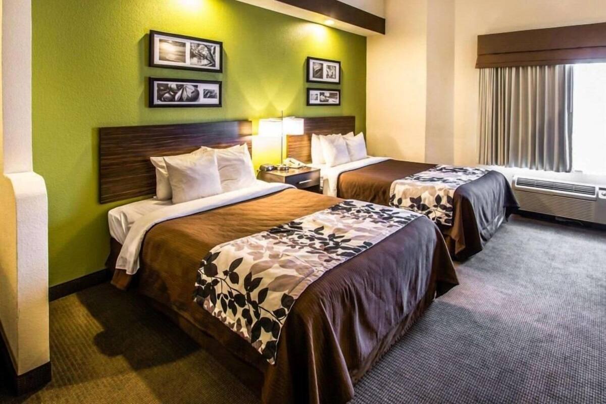 A hotel room with two beds, a nightstand, a lamp, framed pictures on the wall, and a window with curtains.