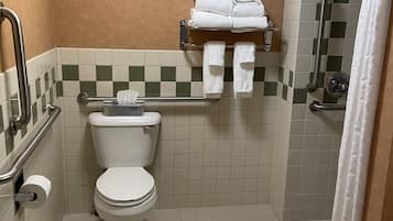Un baño con inodoro, baranda, toallero y zona de ducha.