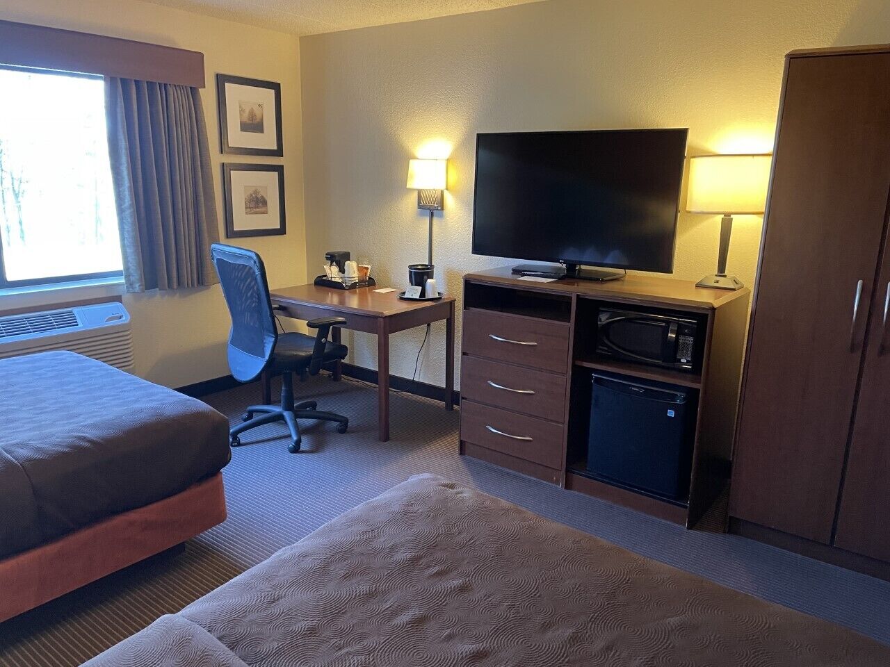 Ett hotellrum med en säng, ett skrivbord, en tv, en mikrovågsugn och en garderob.