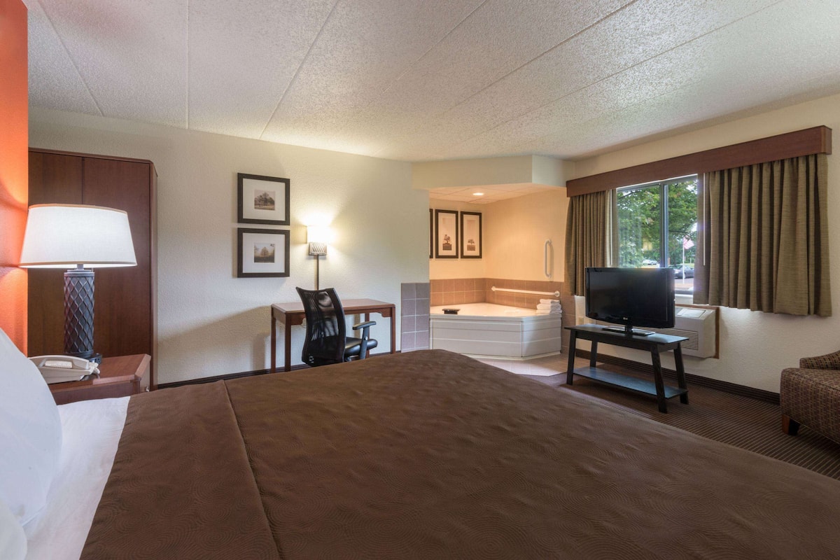 Una habitación de hotel con una cama grande, un escritorio con lámpara, una silla, un televisor, una bañera y cuadros en la pared.