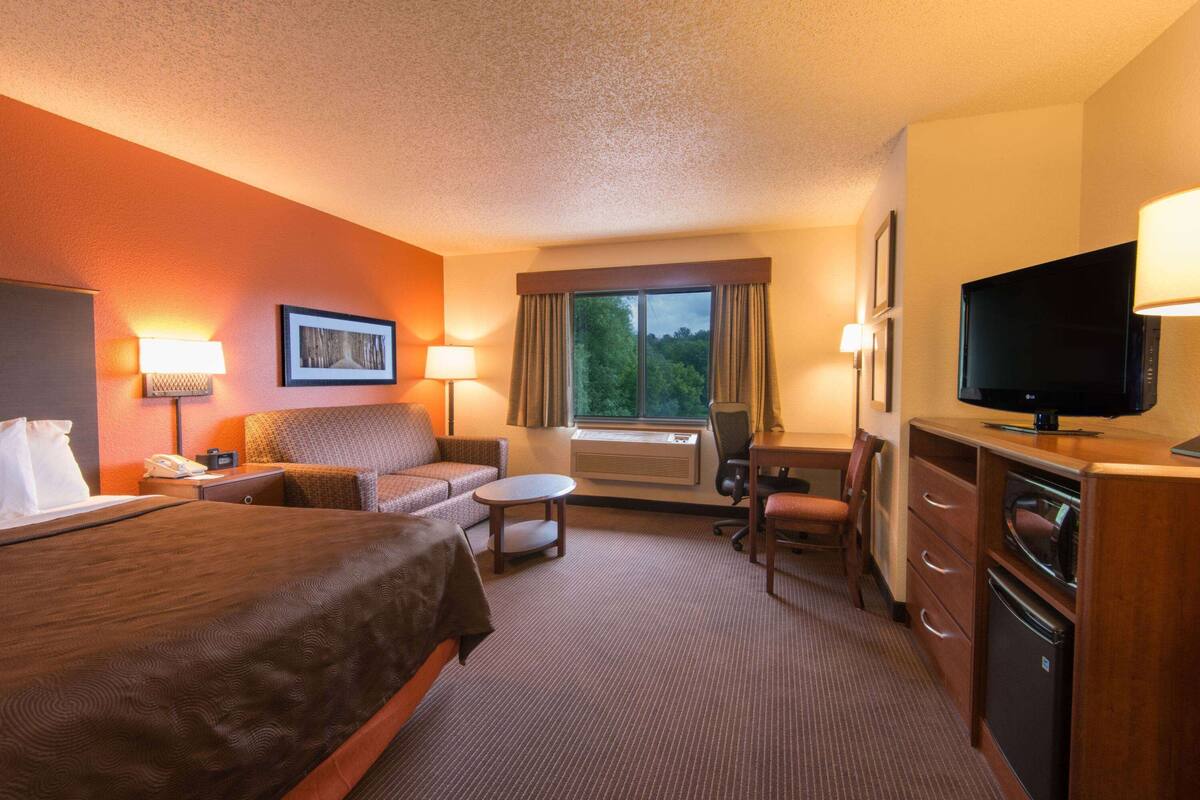 Una habitación de hotel con una cama grande, un escritorio, una silla, un televisor y una ventana con cortinas.