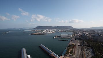 Vista aérea de una ciudad costera con un puerto grande, un puente y una estación de tren.