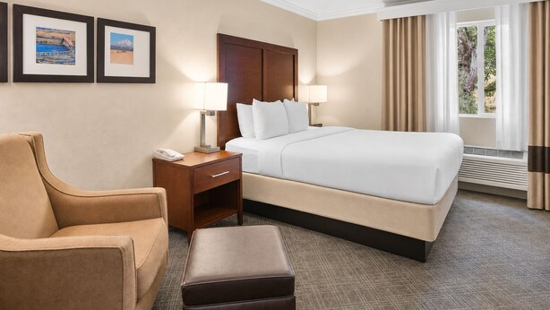 A hotel room with a bed, a chair, a nightstand with a lamp, and two framed pictures on the wall. - Comfort Inn Columbia Gorge (The Dalles)