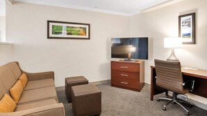Una camera d'albergo con un divano, una scrivania, una televisione e una lampada.