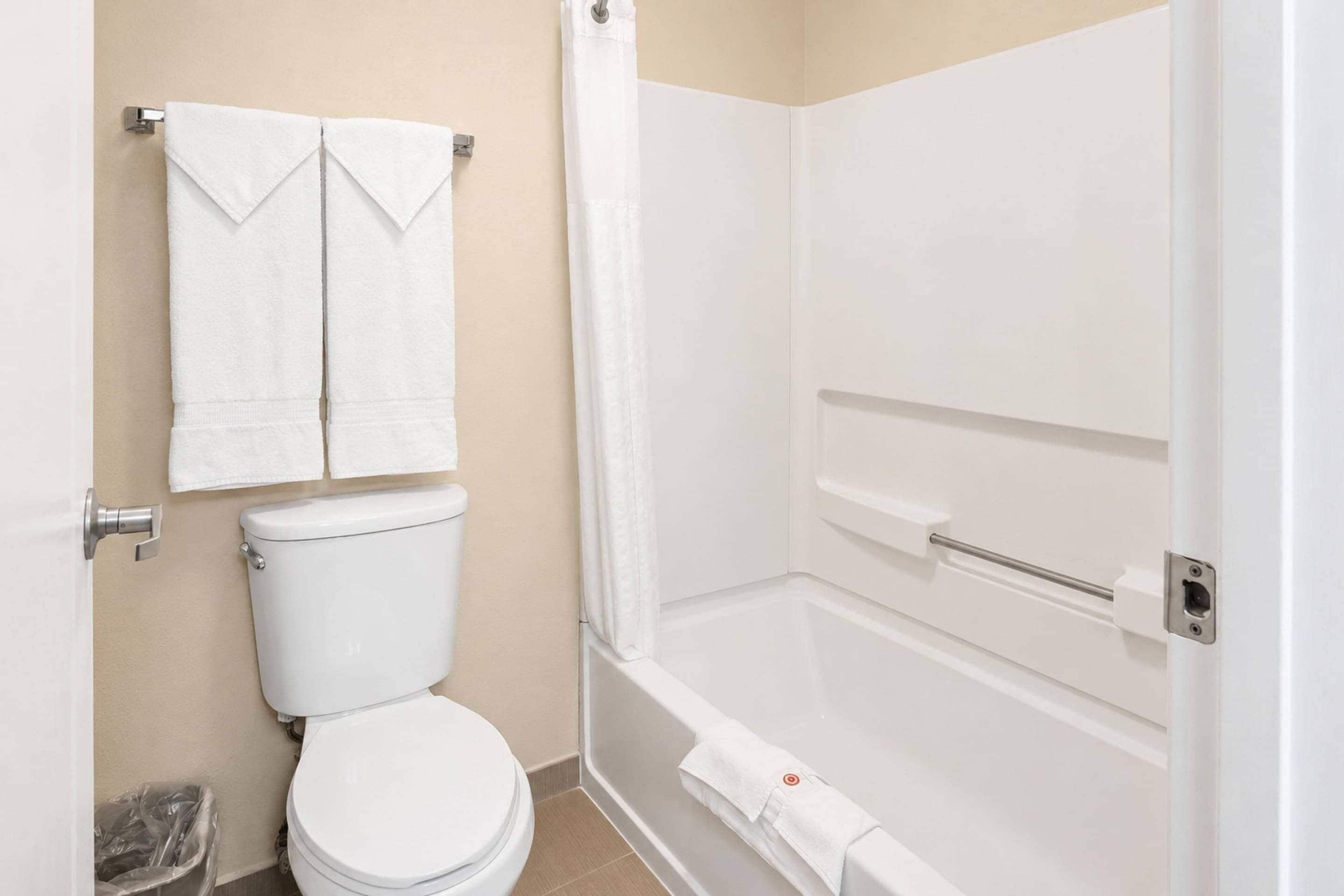 A bathroom with a toilet, a shower, and two towels hanging on the wall.
