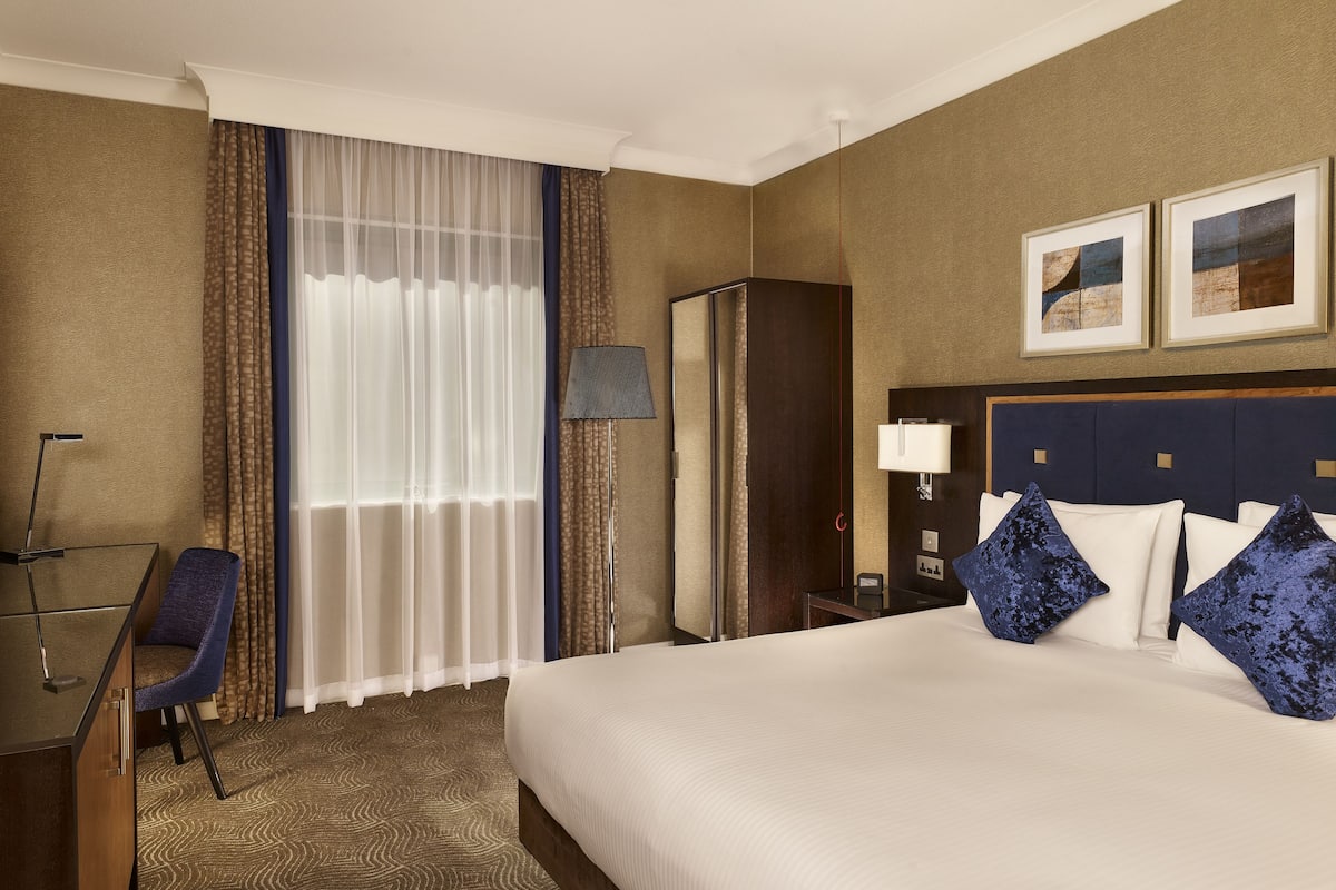 Una habitación de hotel con una cama grande, un escritorio, una silla, una lámpara, un armario y un espejo.