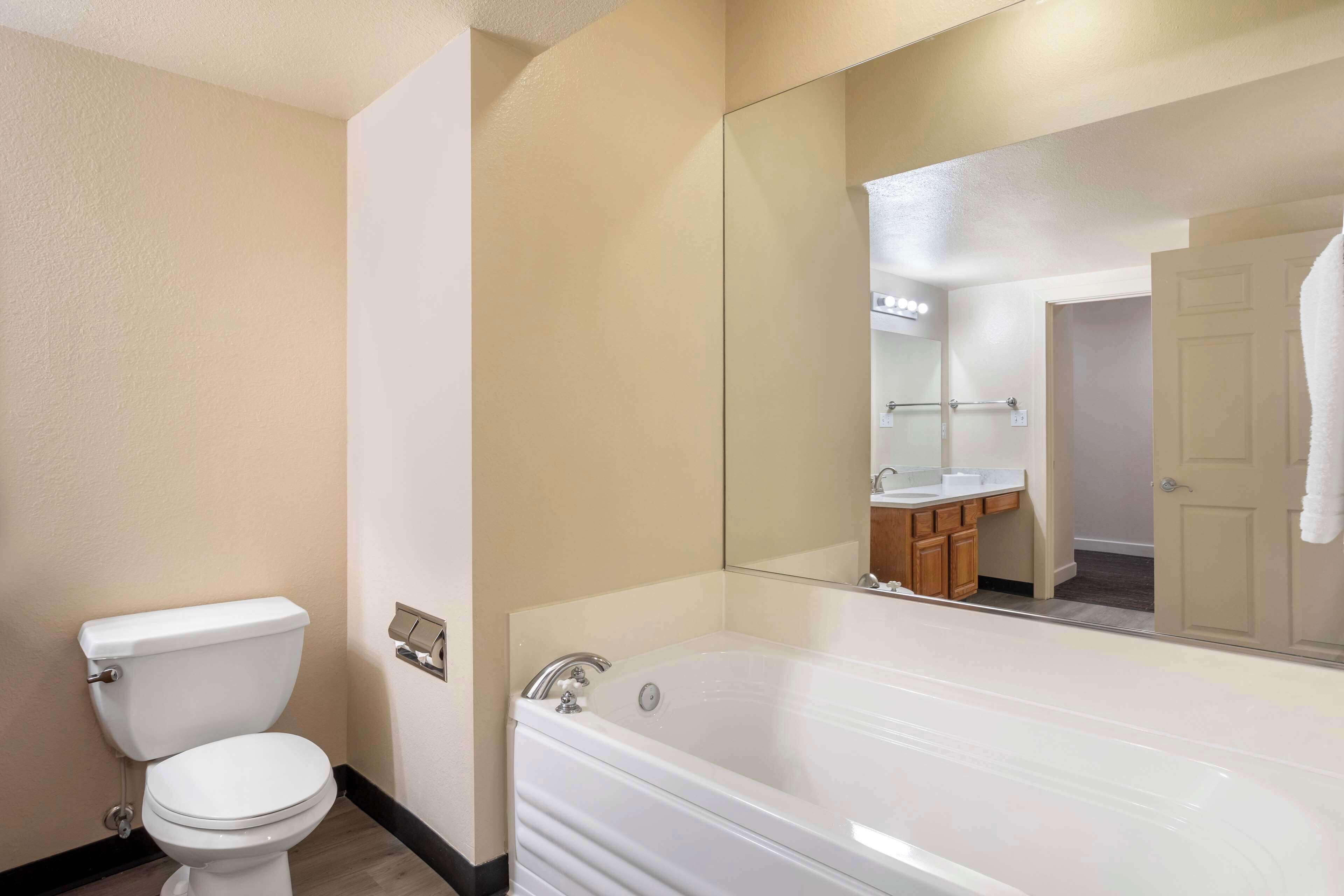 Een moderne badkamer met een toilet, een bad en een grote spiegel.