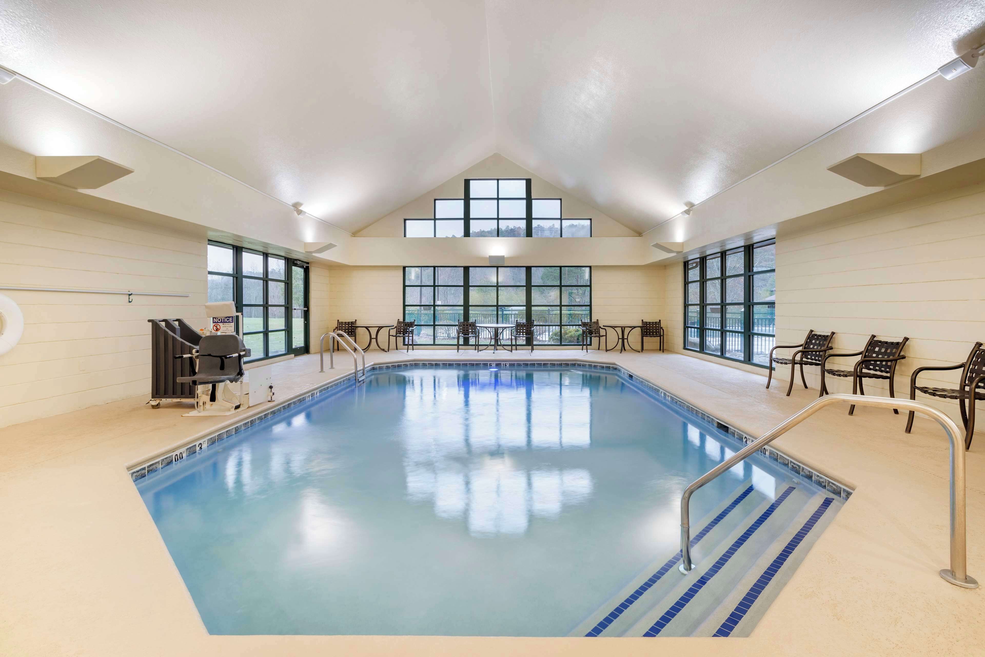 indoor pool, seasonal outdoor pool, pool loungers
