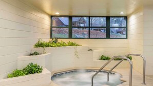 A spa area with a hot tub, steps with planters, and a window with a view of the outside.