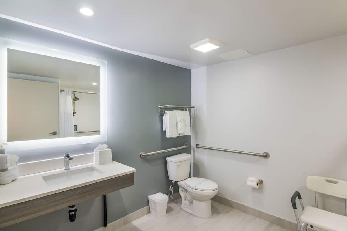 designer toiletries, hair dryer, towels