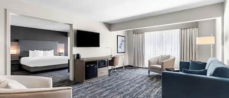 Premium bedding, pillowtop beds, desk, laptop workspace
