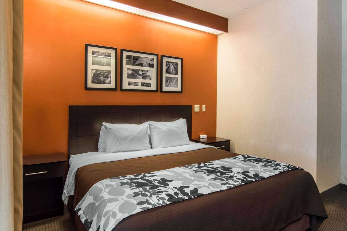 Hotellihuone, jossa on oranssi tehosteseinä, valkoisilla ja ruskeilla tekstiileillä varustettu sänky sekä kolme kehystettyä kuvaa sängyn yläpuolella.