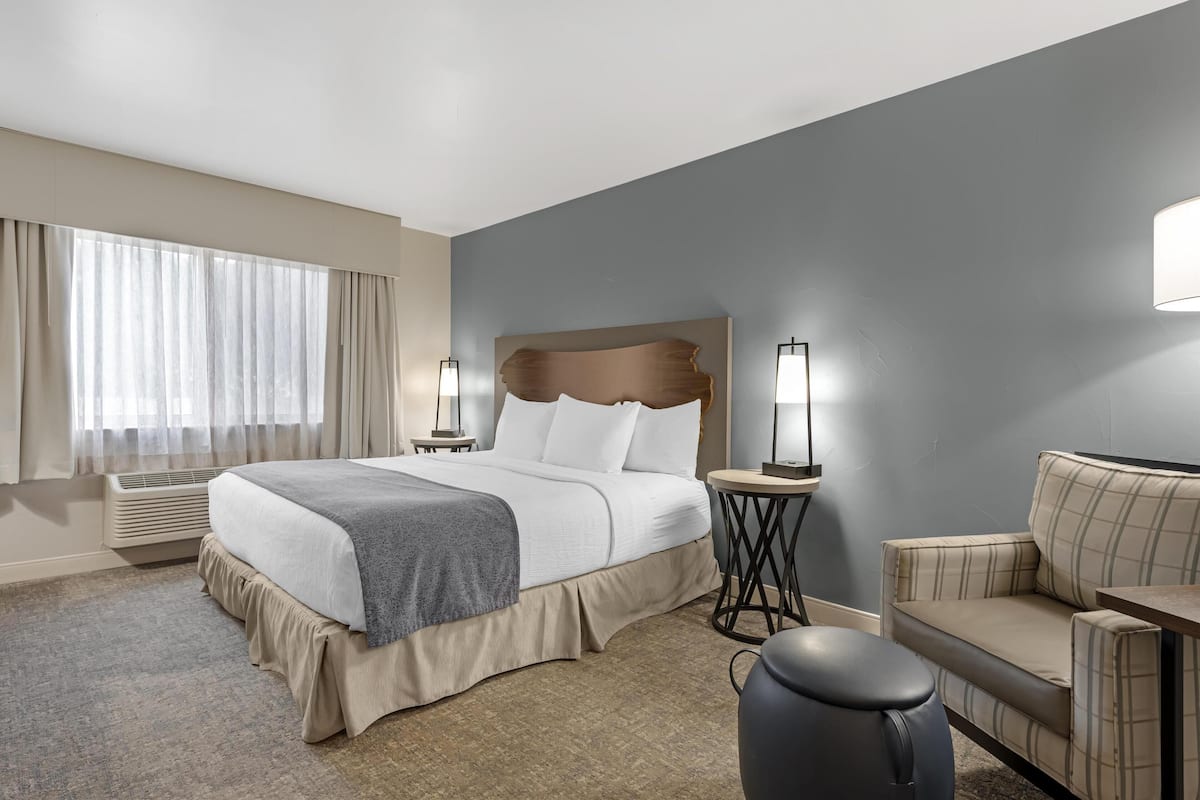 A hotel room with a large bed, a sofa, a chair, a table, and a bedside lamp.