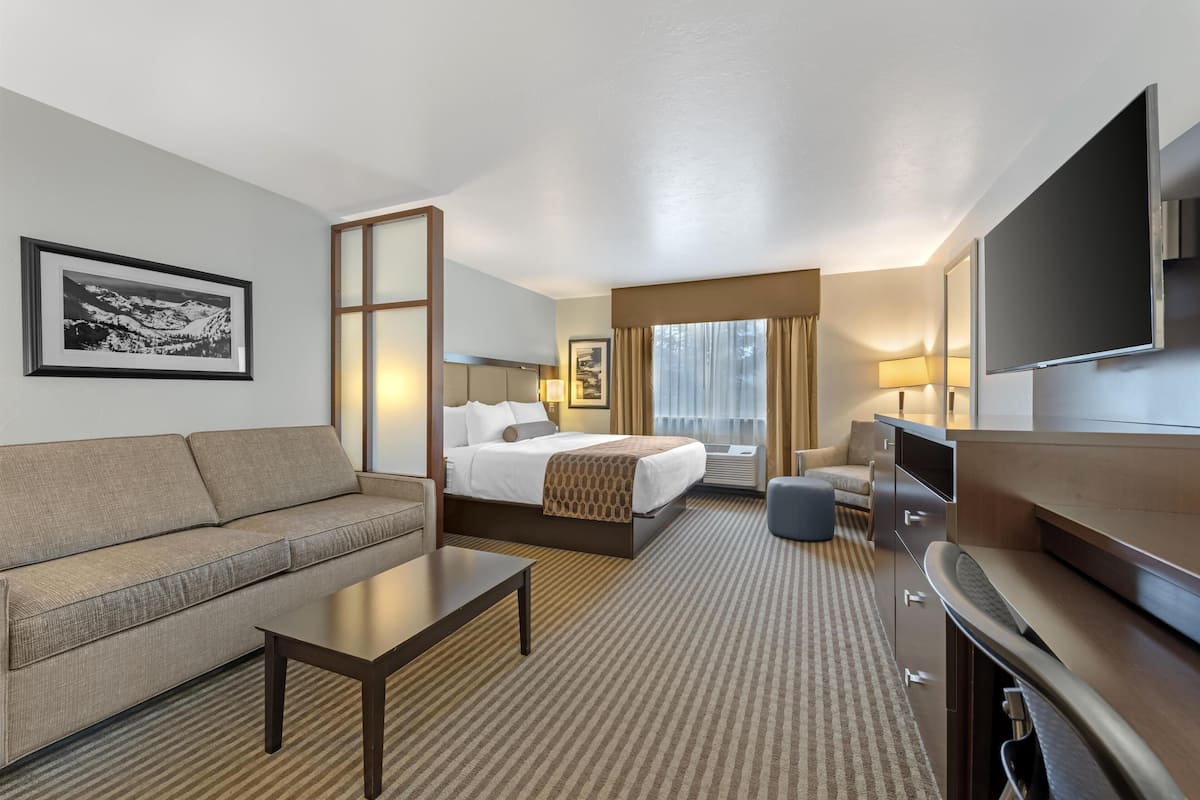 A hotel room with a bed, a sofa, a desk, a TV, and a large window with curtains.