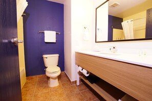 Un baño con inodoro, lavamanos, espejo y toallero.