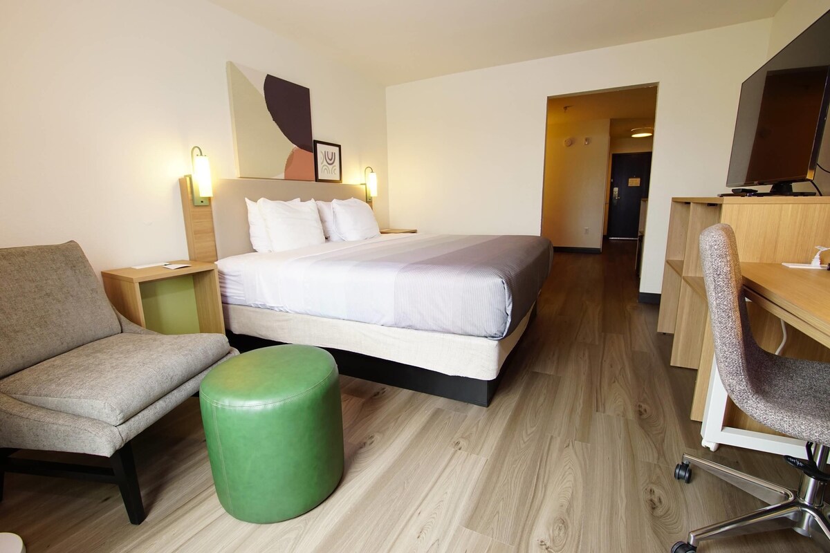 A hotel room with a bed, a desk, a chair, a green ottoman, and a wall-mounted TV.