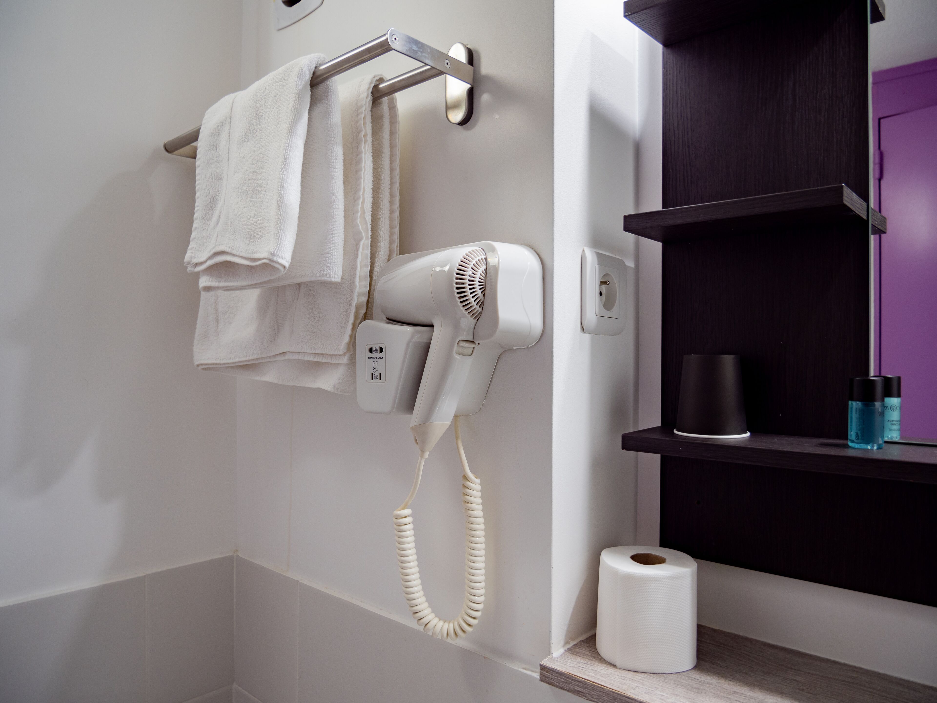 Une salle de bain équipée d’un porte-serviettes sur lequel sont posées deux serviettes, d’un sèche-cheveux et d’un rouleau de papier toilette.