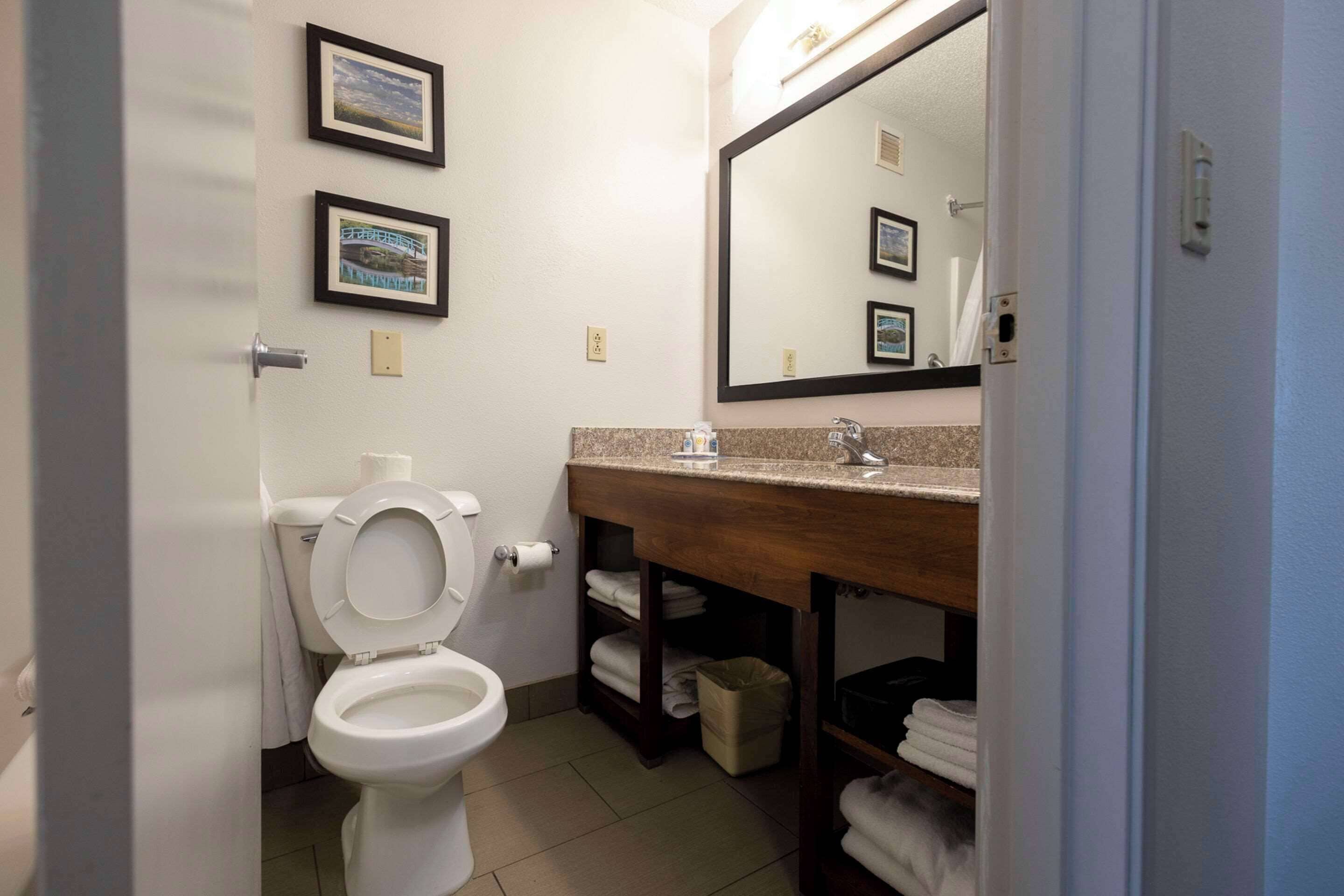 A bathroom with a toilet, sink, and mirror. There are framed pictures on the wall and a trash can under the sink.