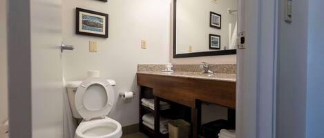 A bathroom with a toilet, sink, and mirror. There are framed pictures on the wall and a trash can under the sink.