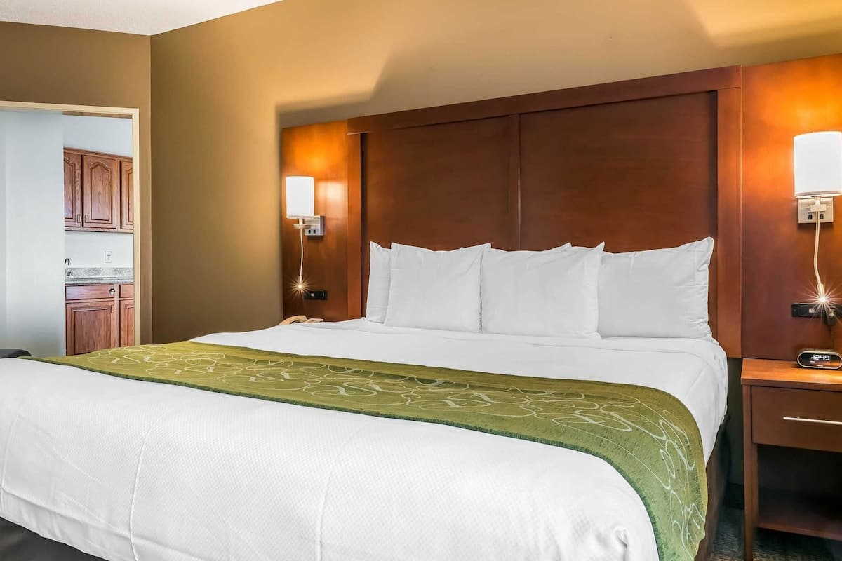 Une chambre d’hôtel avec un grand lit, une tête de lit en bois, des lampes de chevet et un coin cuisine visible.