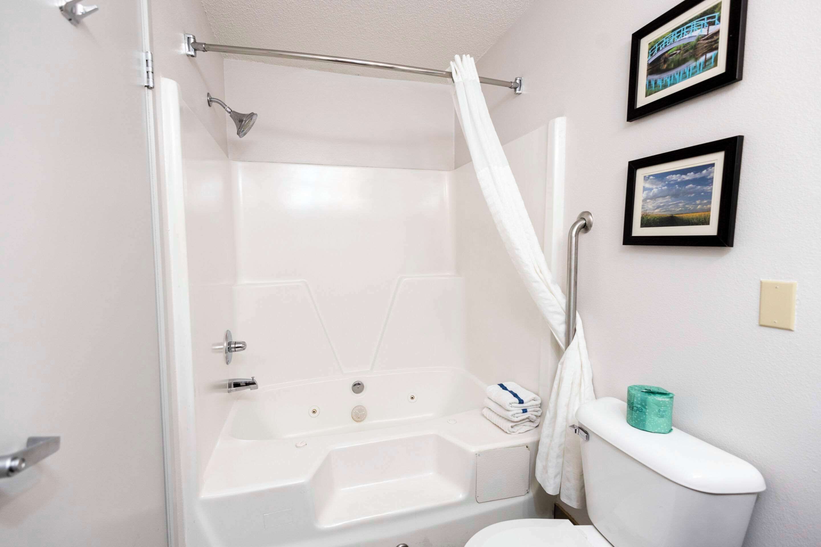 A bathroom with a bathtub, toilet, and shower curtain.