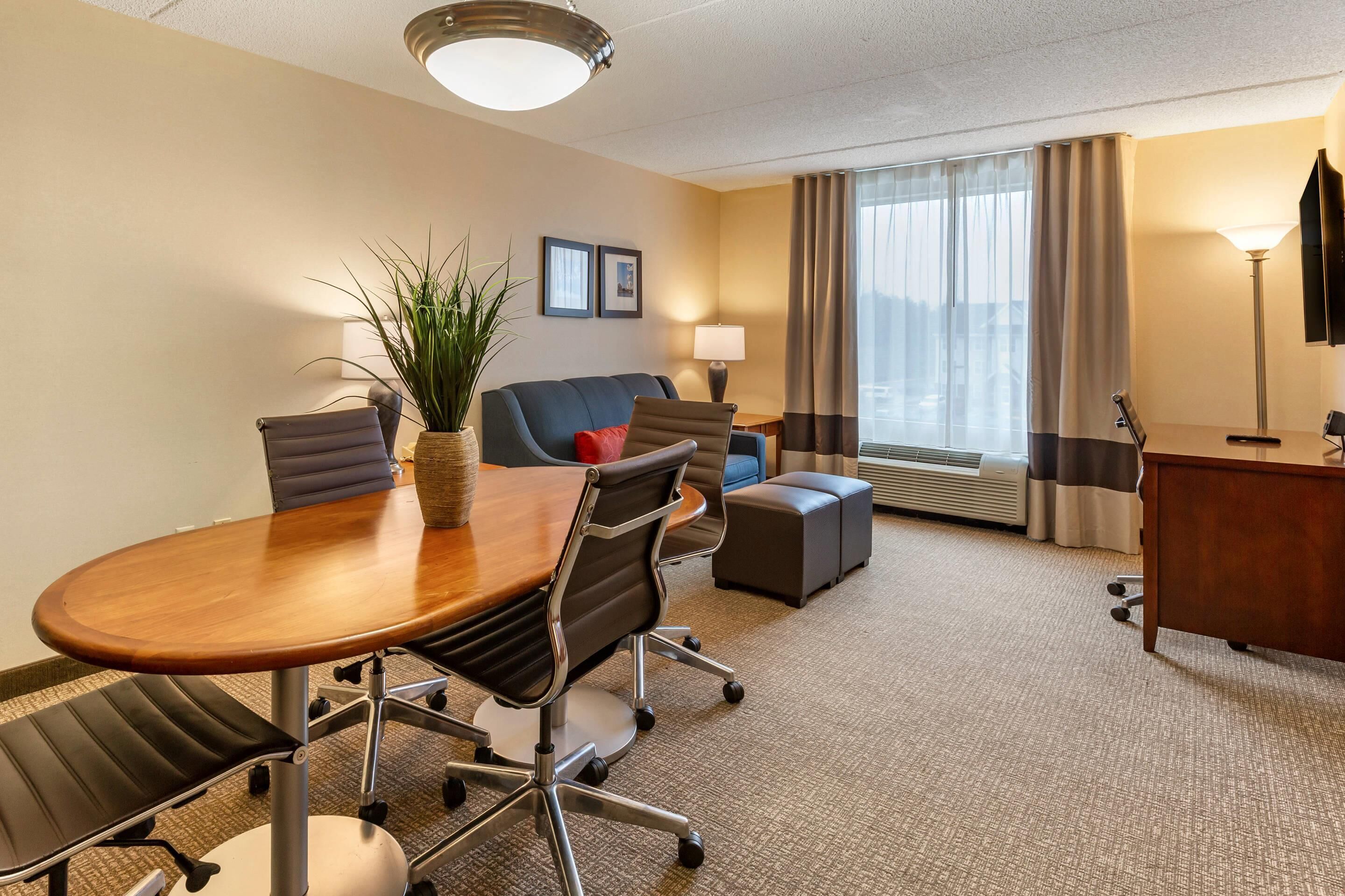 Desk, blackout drapes, soundproofing, iron/ironing board