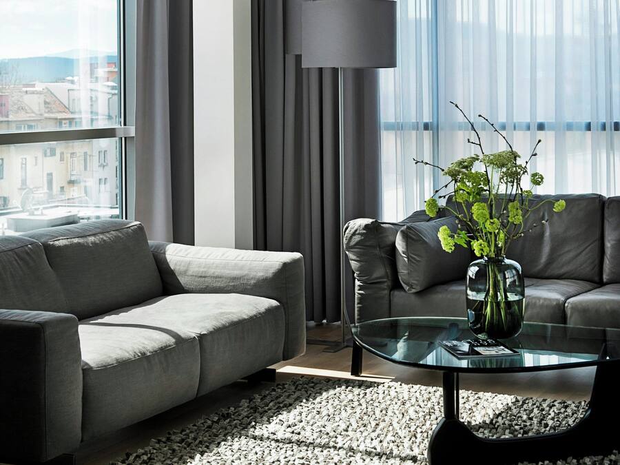 A modern living room with a grey sofa, a glass coffee table, and a vase with green plants.