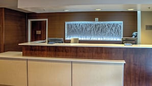 A reception desk with a modern design, a wooden panel wall, and a decorative glass panel with a tree pattern. - Fairfield Inn & Suites by Marriott Near Universal Orlando (Orlando)