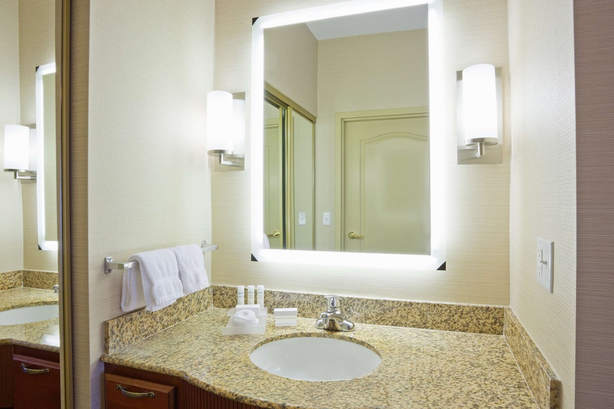 combined shower/bathtub, free toiletries, hair dryer, towels