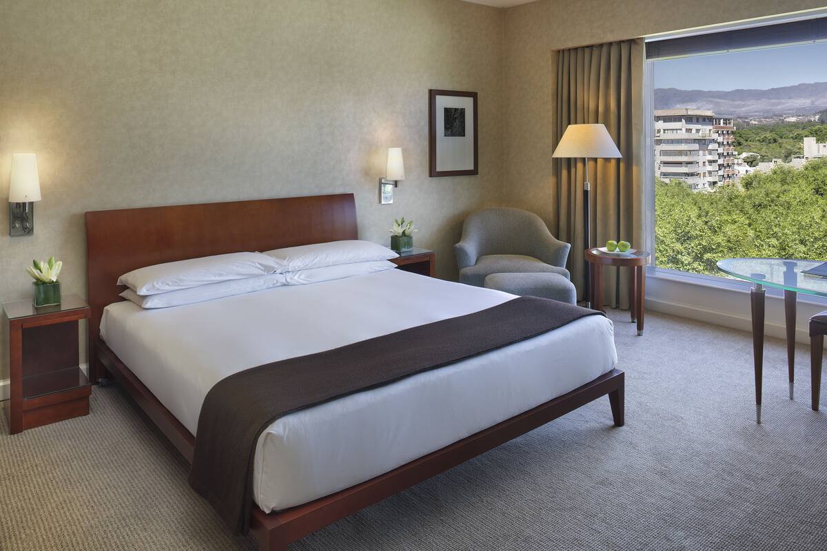 Une chambre d’hôtel avec un grand lit, une chaise, une petite table et une vue sur la ville.