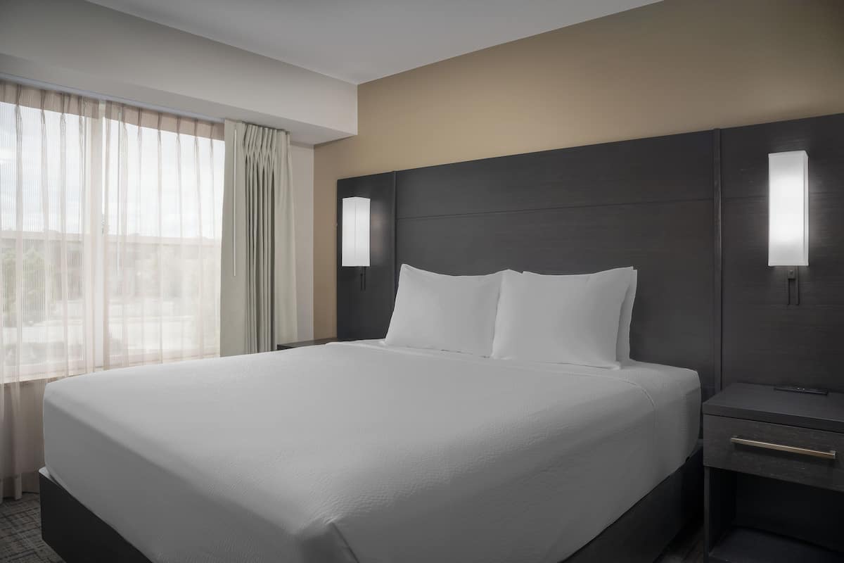 A modern hotel room with a large bed, a nightstand, and a window with sheer curtains.