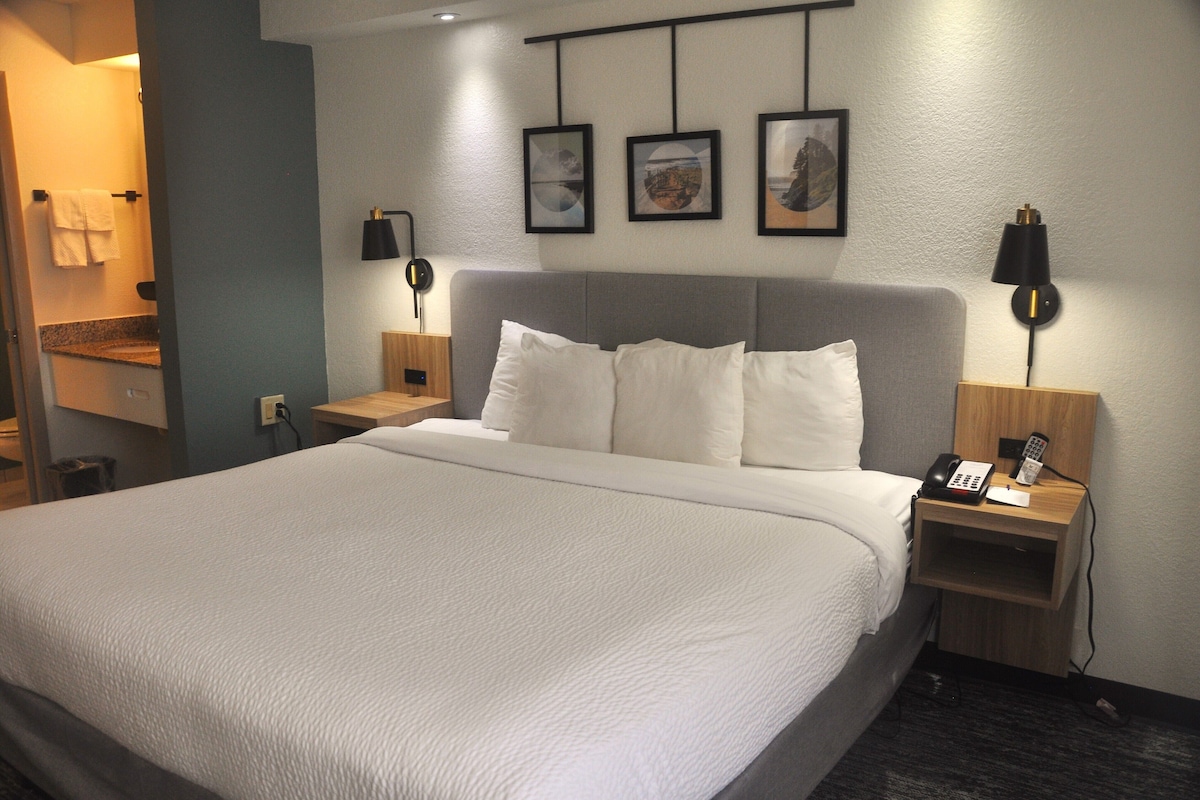 A hotel room with a large bed, two bedside tables, a nightstand, a wall-mounted lamp, and a framed picture above the bed.
