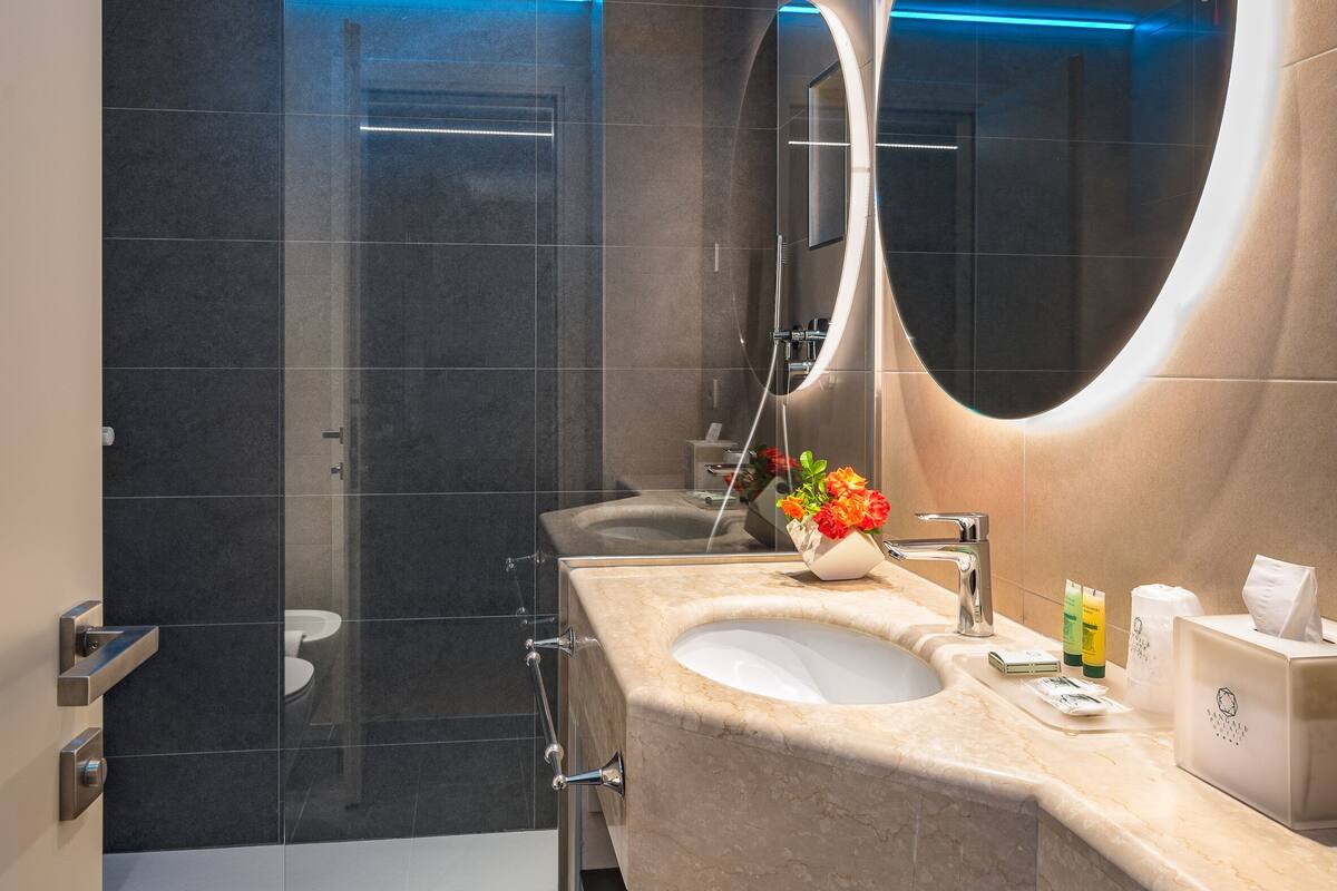 eco-friendly toiletries, hair dryer, bidet, towels